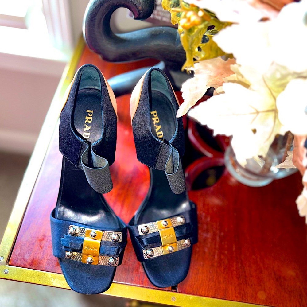 STUNNING!! Prada Black and Gold High Heels with Chic Design from Neiman Marcus